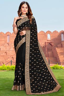 Embroidered Zari Resham Patch Border Georgette Black Saree With Matching Blouse Piece 1