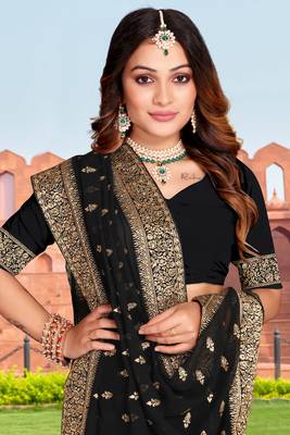 Embroidered Zari Resham Patch Border Georgette Black Saree With Matching Blouse Piece 2