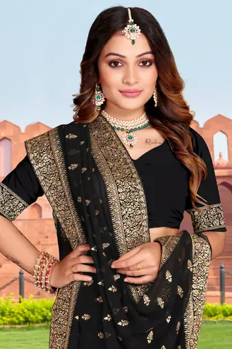 Embroidered Zari Resham Patch Border Georgette Black Saree With Matching Blouse Piece