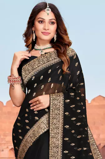 Embroidered Zari Resham Patch Border Georgette Black Saree With Matching Blouse Piece