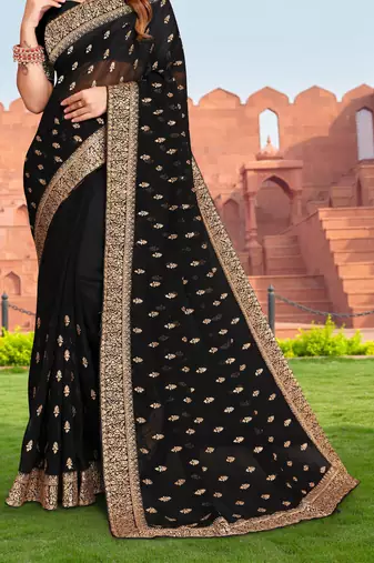 Embroidered Zari Resham Patch Border Georgette Black Saree With Matching Blouse Piece