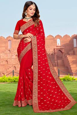Embroidered Zari Resham Patch Border Georgette Red Saree With Matching Blouse Piece 1