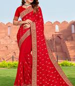 Embroidered Zari Resham Patch Border Georgette Red Saree With Matching Blouse Piece