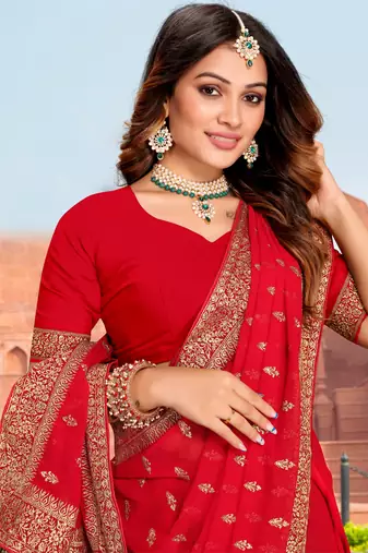 Embroidered Zari Resham Patch Border Georgette Red Saree With Matching Blouse Piece