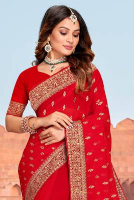 Embroidered Zari Resham Patch Border Georgette Red Saree With Matching Blouse Piece 3