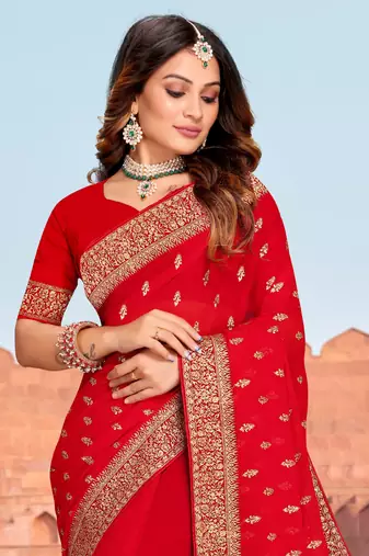 Embroidered Zari Resham Patch Border Georgette Red Saree With Matching Blouse Piece