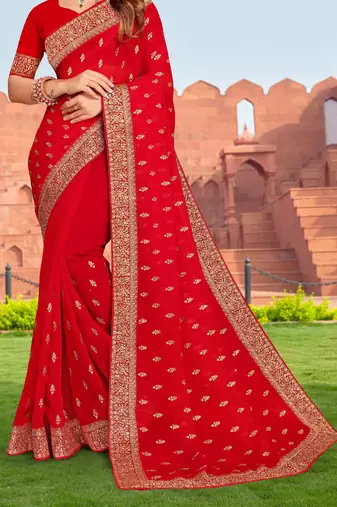 Embroidered Zari Resham Patch Border Georgette Red Saree With Matching Blouse Piece