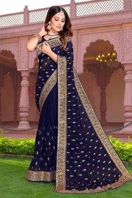 Embroidered Zari Resham Patch Border Georgette Navy Blue Saree With Matching Blouse Piece 1