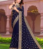 Embroidered Zari Resham Patch Border Georgette Navy Blue Saree With Matching Blouse Piece