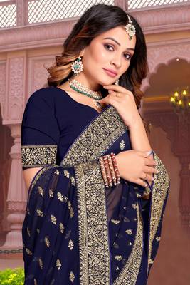 Embroidered Zari Resham Patch Border Georgette Navy Blue Saree With Matching Blouse Piece 2