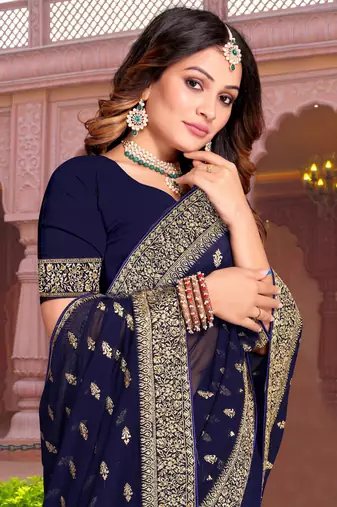 Embroidered Zari Resham Patch Border Georgette Navy Blue Saree With Matching Blouse Piece