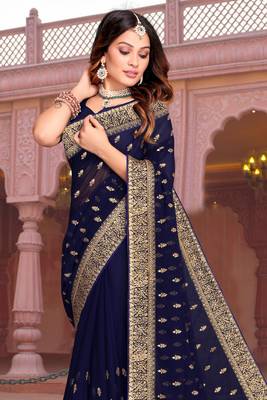 Embroidered Zari Resham Patch Border Georgette Navy Blue Saree With Matching Blouse Piece 3