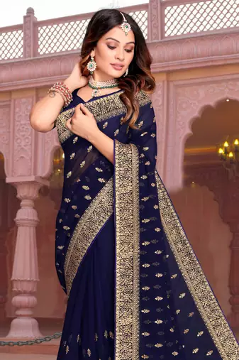 Embroidered Zari Resham Patch Border Georgette Navy Blue Saree With Matching Blouse Piece