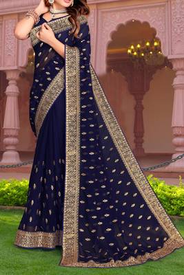 Embroidered Zari Resham Patch Border Georgette Navy Blue Saree With Matching Blouse Piece 4