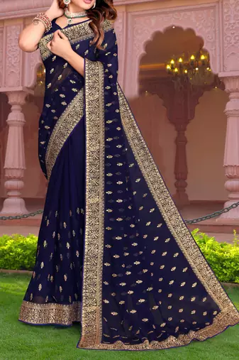 Embroidered Zari Resham Patch Border Georgette Navy Blue Saree With Matching Blouse Piece