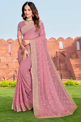 Embroidered Zari Resham Patch Border Georgette Pink Saree With Matching Blouse Piece 1