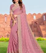 Embroidered Zari Resham Patch Border Georgette Pink Saree With Matching Blouse Piece
