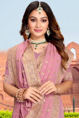 Embroidered Zari Resham Patch Border Georgette Pink Saree With Matching Blouse Piece 2