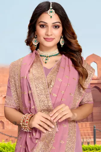 Embroidered Zari Resham Patch Border Georgette Pink Saree With Matching Blouse Piece