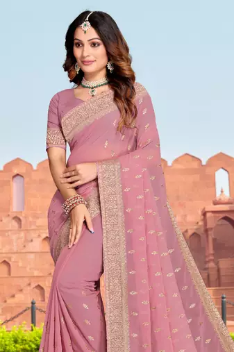 Embroidered Zari Resham Patch Border Georgette Pink Saree With Matching Blouse Piece