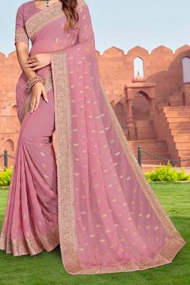 Embroidered Zari Resham Patch Border Georgette Pink Saree With Matching Blouse Piece 4