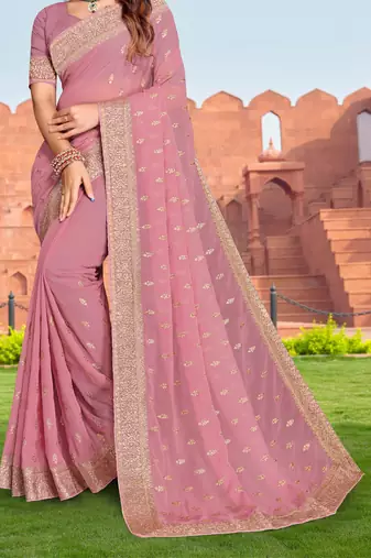 Embroidered Zari Resham Patch Border Georgette Pink Saree With Matching Blouse Piece