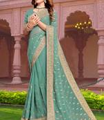 Embroidered Zari Resham Patch Border Georgette Sea Green Saree With Matching Blouse Piece