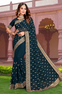 Embroidered Zari Resham Patch Border Georgette Teal Blue Saree With Matching Blouse Piece 1