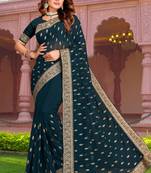 Embroidered Zari Resham Patch Border Georgette Teal Blue Saree With Matching Blouse Piece