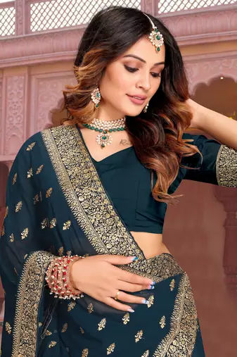 Embroidered Zari Resham Patch Border Georgette Teal Blue Saree With Matching Blouse Piece