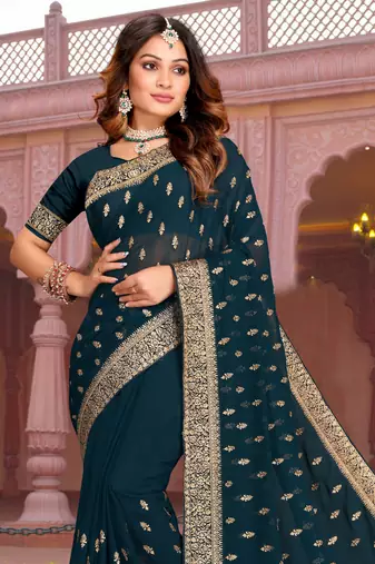 Embroidered Zari Resham Patch Border Georgette Teal Blue Saree With Matching Blouse Piece