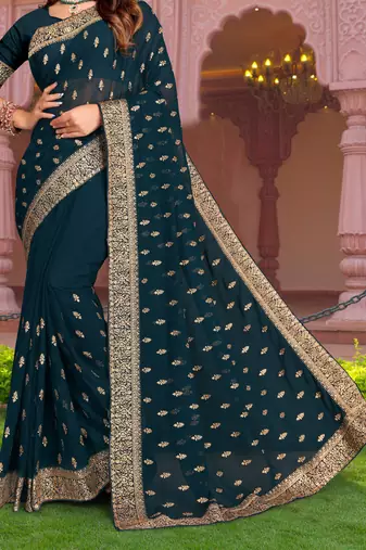 Embroidered Zari Resham Patch Border Georgette Teal Blue Saree With Matching Blouse Piece