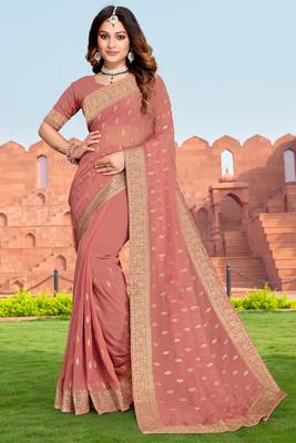 Embroidered Zari Resham Patch Border Georgette Peach Saree With Matching Blouse Piece 1