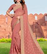 Embroidered Zari Resham Patch Border Georgette Peach Saree With Matching Blouse Piece