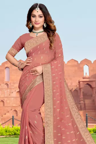 Embroidered Zari Resham Patch Border Georgette Peach Saree With Matching Blouse Piece
