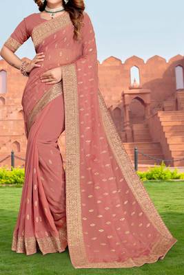 Embroidered Zari Resham Patch Border Georgette Peach Saree With Matching Blouse Piece 4
