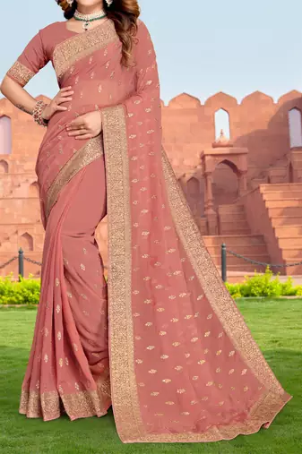 Embroidered Zari Resham Patch Border Georgette Peach Saree With Matching Blouse Piece