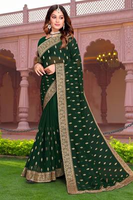 Embroidered Zari Resham Patch Border Georgette Bottle Green Saree With Matching Blouse Piece 1