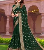 Embroidered Zari Resham Patch Border Georgette Bottle Green Saree With Matching Blouse Piece