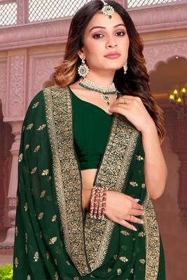 Embroidered Zari Resham Patch Border Georgette Bottle Green Saree With Matching Blouse Piece 2