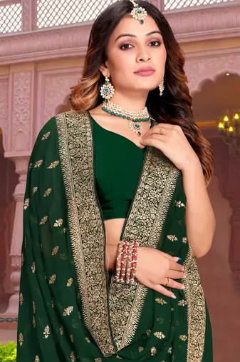 Embroidered Zari Resham Patch Border Georgette Bottle Green Saree With Matching Blouse Piece