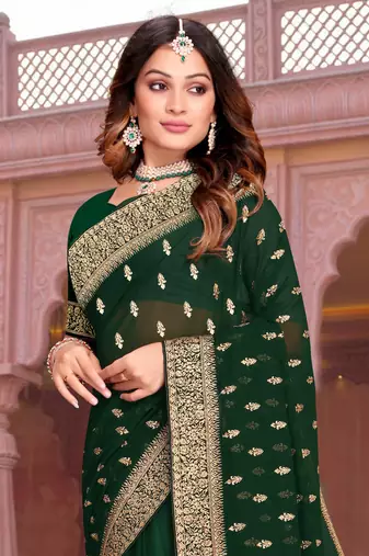 Embroidered Zari Resham Patch Border Georgette Bottle Green Saree With Matching Blouse Piece