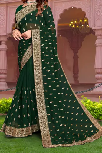 Embroidered Zari Resham Patch Border Georgette Bottle Green Saree With Matching Blouse Piece
