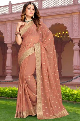 Embroidered Zari Resham Patch Border Georgette Dusty Peach Saree With Matching Blouse Piece