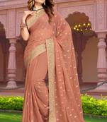 Embroidered Zari Resham Patch Border Georgette Dusty Peach Saree With Matching Blouse Piece