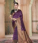 Purple Kanchivaram Silk Zari Weaving With Gold Zari Border And Pallu Saree With Blouse For Women