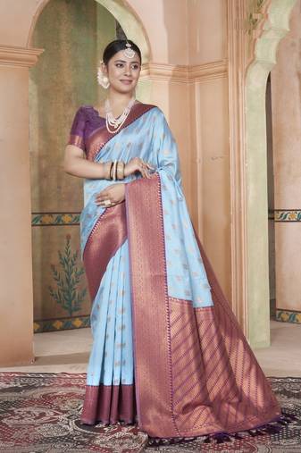 Sky Blue Kanchivaram Silk Zari Weaving With Gold Zari Border And Pallu Saree With Blouse For Women