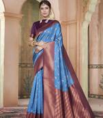 Indigo Kanchivaram Silk Zari Weaving With Gold Zari Border And Pallu Saree With Blouse For Women
