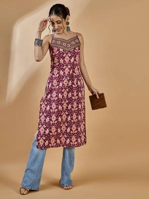 Winered women rust abstract print strap kurta 1