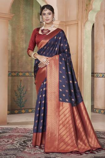 Navy Blue Kanchivaram Silk Zari Weaving With Gold Zari Border And Pallu Saree With Blouse For Women